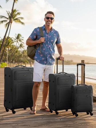 Набір валізак Smartbox (3 шт.) для жінок та чоловіків | Легкі та міцні валізи-ролери, розширювані, з кодовим замком, 4 колеса, чорний колір