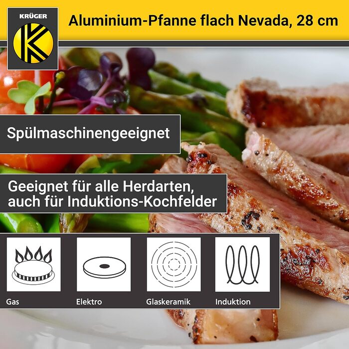 Набір алюмінієвих сковорідок KRGER Невада, 2 предмети - Сковороди з високоякісним антипригарним покриттям - Ергономічна ручка сковороди - Можна мити в посудомийній машині та для індукції (28 см - плоска)