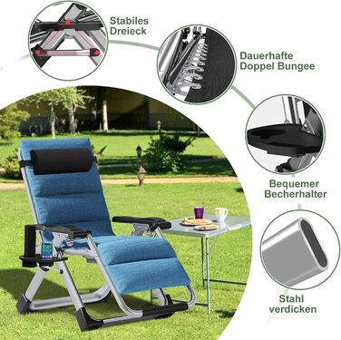 Скромний лежак 200 кг з підголівником, регульований, для дому, балкону, пляжу, басейну (льонові блакитний)