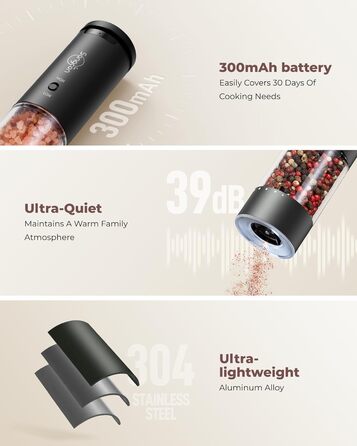 Електричні млини для солі та перцю Sangcon, 2 швидкості, перезаряджувані, 6 ступенів помелу, автоматичний набір з док-станцією, для зручного використання, сірий + чорний