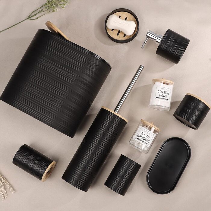 Набір аксесуарів для ванної кімнати IMAVO, 9 предметів, чорний: миска для мила, диспенсер для мила, тримач для зубних щіток, стакан для зубних щіток, тримач для туалетного йоржика, диспенсер для ватних паличок