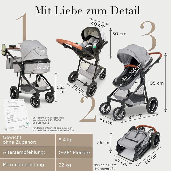 Дитяча коляска 3 в 1 з автокріслом та люлькою | Коляска для новонароджених з 5-точковим ременем безпеки | Кольори: світло-оливковий та світло-сірий без Isofix