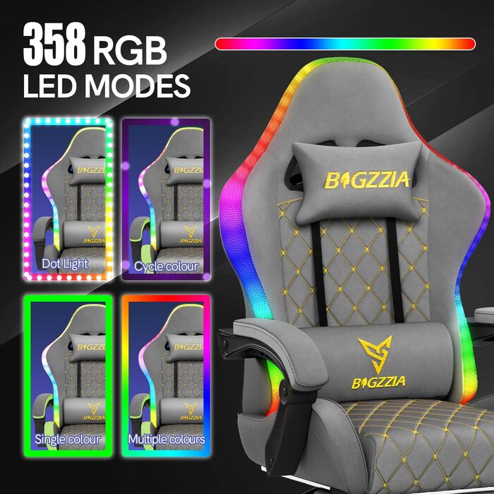 Ігровий крісло Bigzzia з RGB LED підсвічуванням - ергономічне геймерське крісло з підтримкою попереку та підніжкою, регульоване та поворотне, з PU-шкіри, 150 кг, сірий