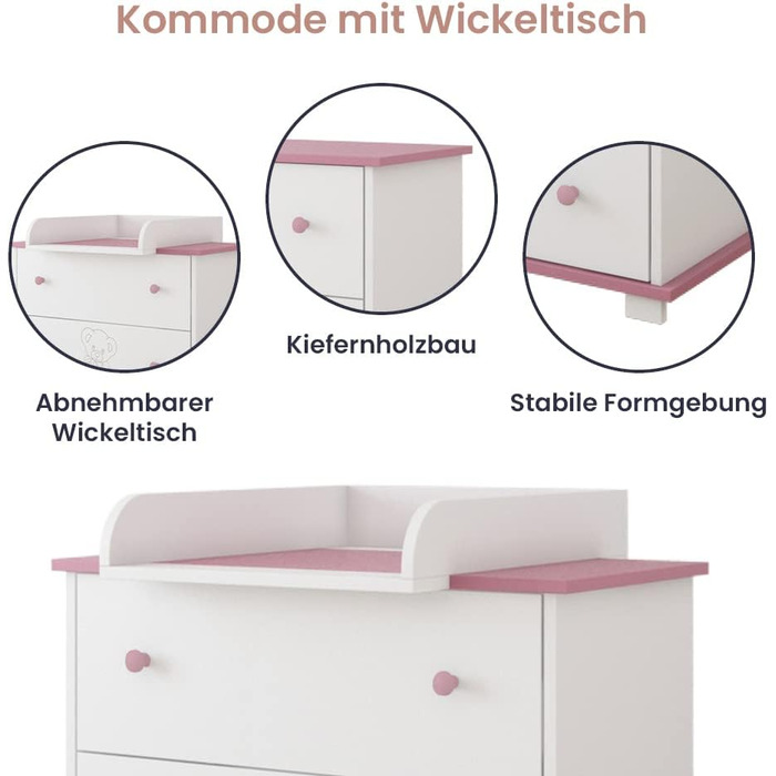 Комод з пеленальним столиком Kiki Design | 80x46 см | 3 висувні ящики | Для дитячої кімнати | Гравірований ведмедик | Рожевий