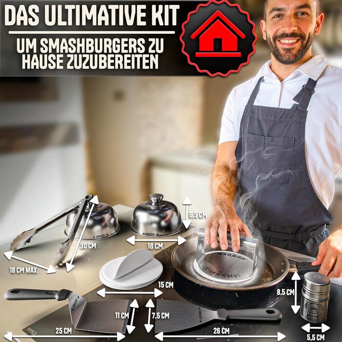 Набір для приготування бургерів SMASHI® з пресом та дзвоном – нержавіюча сталь 304, лопатка для гриля, 50 папірців з антипригарним покриттям, рецепти – Оригінал (SUPREME)