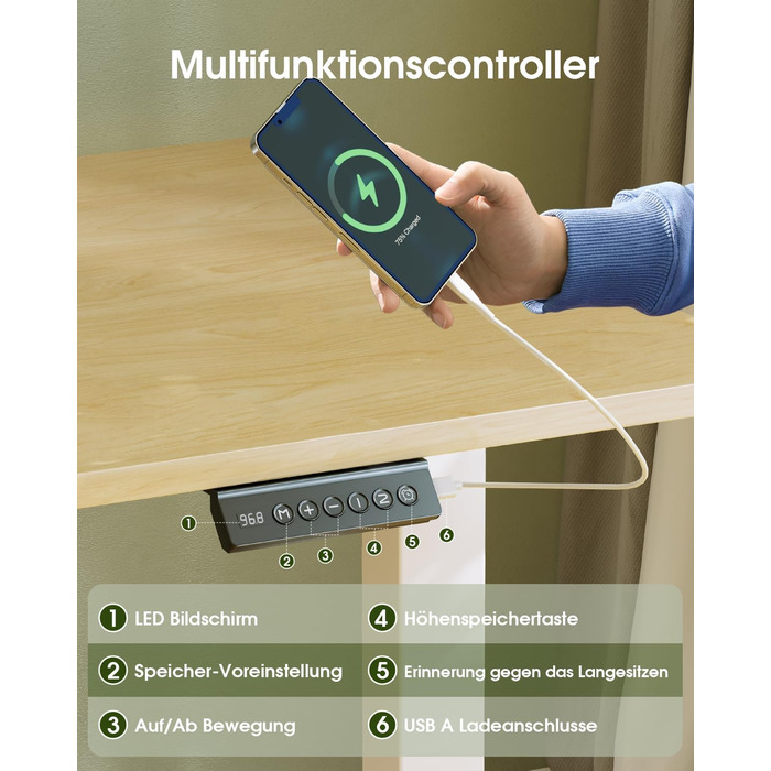 Електричний стіл Flamaker з регулюванням висоти, 160 x 60 см, з пам'яттю, для геймінгу, USB-зарядка (Бежевий)