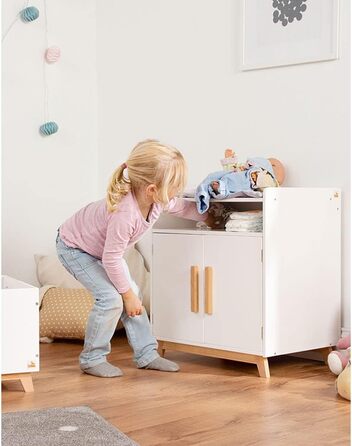 PINOLINO Столик для переодягання ляльок Marit, дерев'яні меблі для ляльок, скандинавський стиль, білий, з блискучим лаком, з пелюшкою, 2 дверцята, 1 полиця, для дітей від 2 років, 52x40x59 см