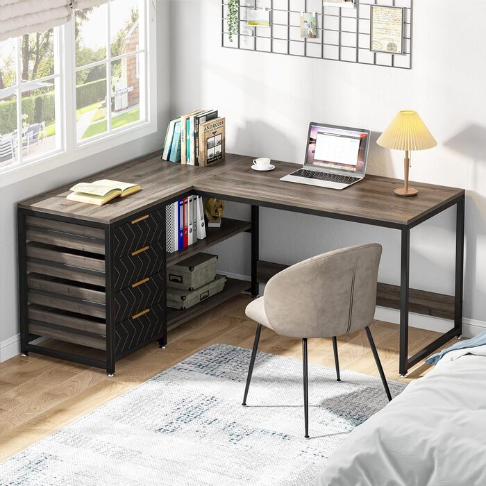 Письмовий стіл Tribesigns L-подібний з 4 шухлядами, комп'ютерний стіл, 2 полиці, кутовий, з місцем для зберігання, для офісу, кабінету, вітальні, 150×110×75 см (Волоський горіх & Білий) (Сірий)