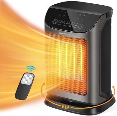 Електричний обігрівач 1800W з PTC керамічним нагрівачем, тихий з термостатом, 4 режими нагріву, таймер 12 годин, кут розхитування 60°, захист від перегріву та перекидання (чорний)