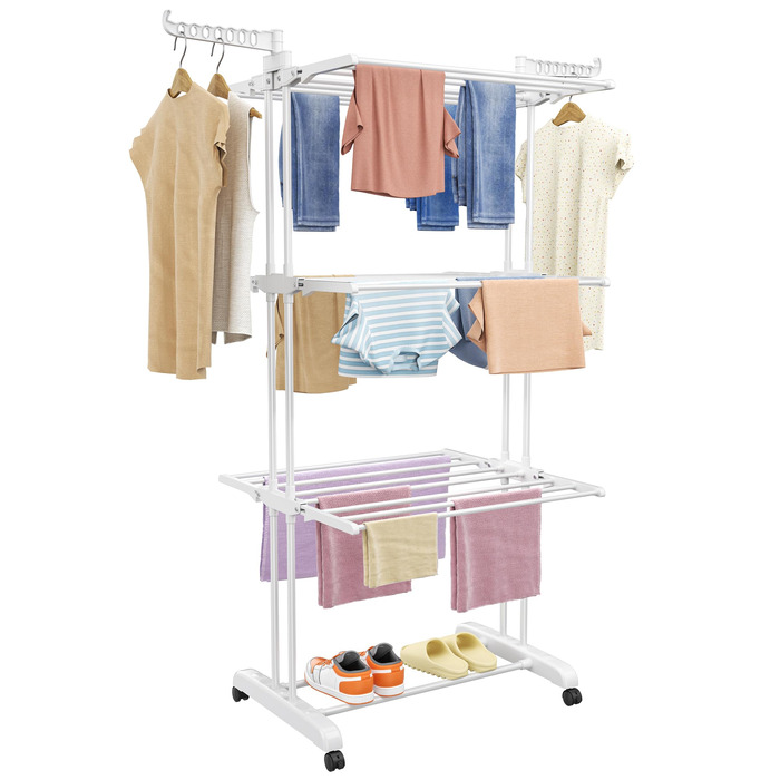 Сушарка для білизни SIMPDIY вертикальна баштового типу, розкладна сушарка з 6 крилами та 2 бічними панелями на колесах для дому та вулиці, біла
