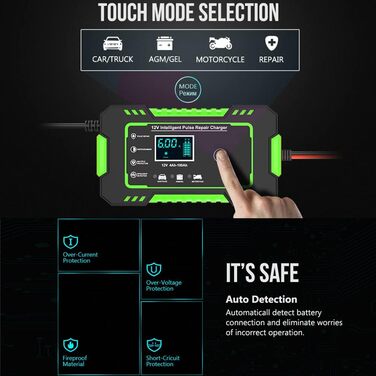 Зарядний пристрій для акумулятора 12V GREEN - автоматичний, інтелектуальний, з LCD, для авто, мото, газонокосарки, човна