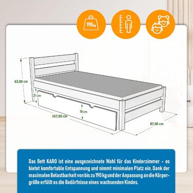 Ліжко дитяче Вробель Kinderbett 90x200 см з 2 ящиками та ламелями - односпальне ліжко з масиву сосни - ліжко Монтессорі для дітей - ліжко-ліжко для підлітків білого кольору - без матрацу