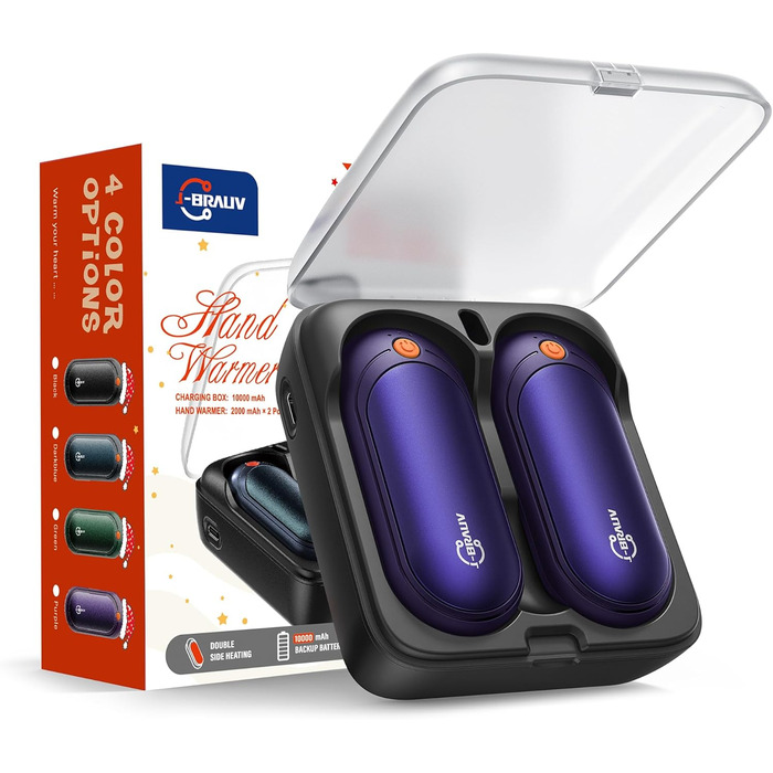 Електричні грілки для рук J-BRAUV 2 шт. з зарядним пристроєм 10000mAh, 4000mAh, 3 режими нагріву, USB, фіолетовий, компактні