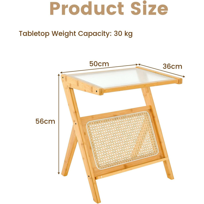 Журнальний стіл Ротанг, Скляний стіл Бамбук з L-подібною полицею, Стіл для вітальні Скло з тримачем для журналів, Диванний стіл для вітальні, Спальня, 50 x 36 x 56 см (Натуральний)