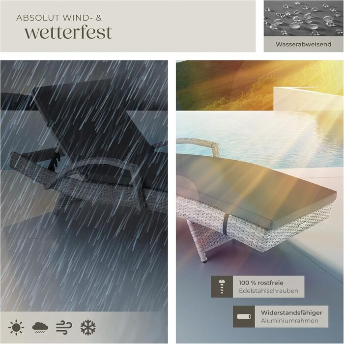 Шезлонг Tectake з поліротангу, регульована спинка, стійкий до погодних умов, з м'яким матрацом, для саду, балкону та тераси (світло-сірий)