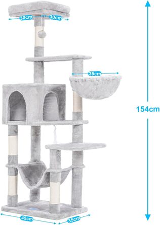 Кігтеточка Hey-brother 154 см, стійка, з сизалевою мотузкою, гамак, кошик, будиночок, платформа, світло-сірий