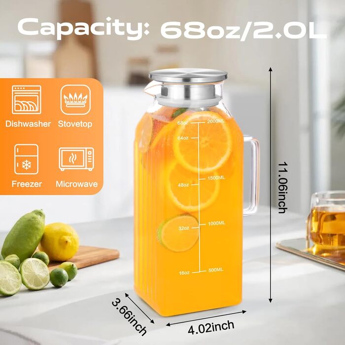 Скляна карафа Aofmee 2 літри з кришкою: для води, соку, айс-ті