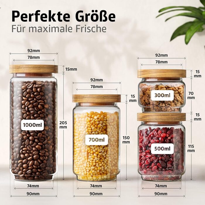 Набір скляних банок для зберігання з кришкою, 4 шт. (300, 500, 700, 1000 мл) | Герметичні, захищені від молі | Для спецій та продуктів харчування