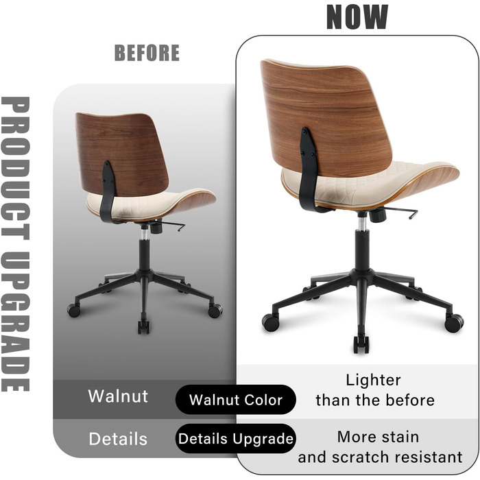 Крісло для офісу BERYTH з натурального горіха, без підлокітників, PU-шкіра, бежеве, поворотне на 360°, з функцією гойдання, регульоване по висоті, для офісу, переговорів, кабінету