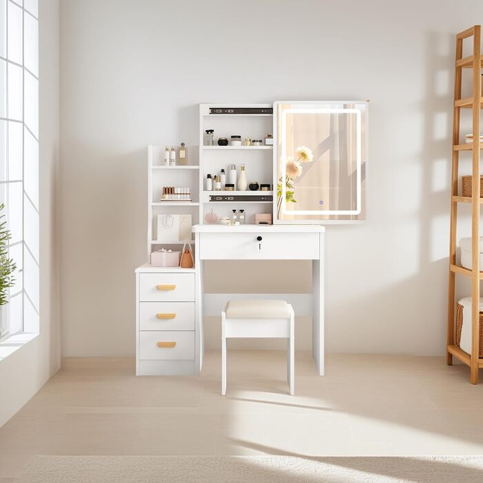Дзеркальний туалетний столик DATO з LED-підсвічуванням, 3 колірні температури та регулюванням яскравості, з пуфом, 5 шухляд та 3 полиці, розсувний дзеркало