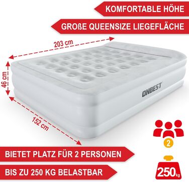 Надувне ліжко самонадувне – для 2 осіб – 203 x 152 x 46 см – з електричним насосом – надувне ліжко для гостей, надувається за 3-5 хвилин – вбудована подушка (Білий)