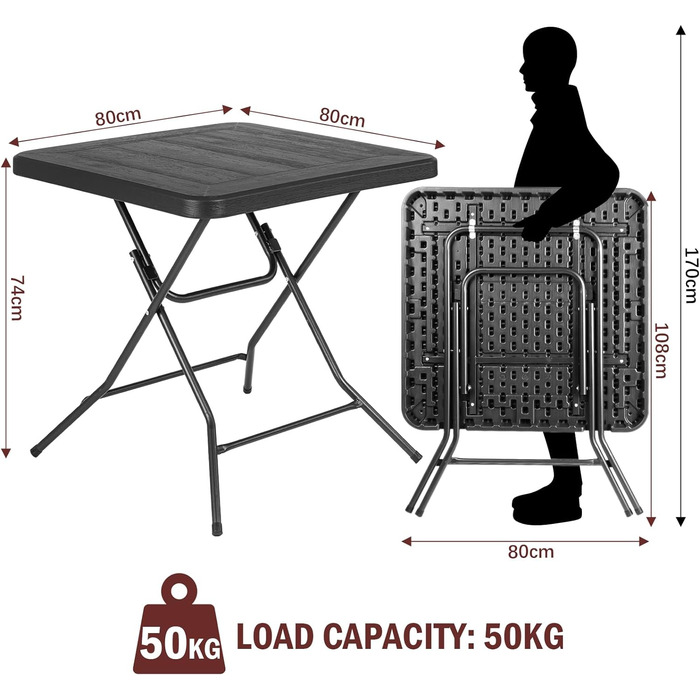 Розкладний стіл для садового столу, невеликий обідній стіл 80x80x74 см, балконний стіл зі сталевими ніжками каркаса, портативний кемпінговий стіл з потовщенням HDPE, висока вантажопідйомність і стабільність, для садового барбекю Кухня громадського харчува