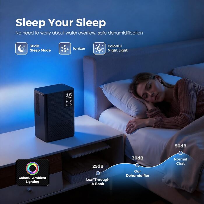Електричний осушувач повітря, тихий, 2.5L з LED дисплеєм, автоматичне відтанення, проти вологи та плісняви, енергозберігаючий, чорний