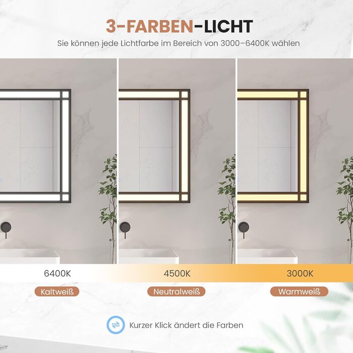 Дзеркало для ванної кімнати AQUABATOS LED з підсвічуванням 50x70 см, імітація вікна, сенсорне регулювання, регулювання яскравості, холодний білий, протизапотівання, чорний алюмінієвий каркас, декор у індустріальному стилі