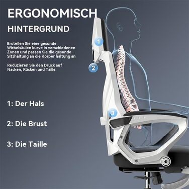 Ергономічне крісло для офісу з високою спинкою та регульованою поперековою підтримкою, дихаючий сітчастий ігровий стілець з широким сидінням, підніжка, стабільне комп'ютерне крісло (Білий)