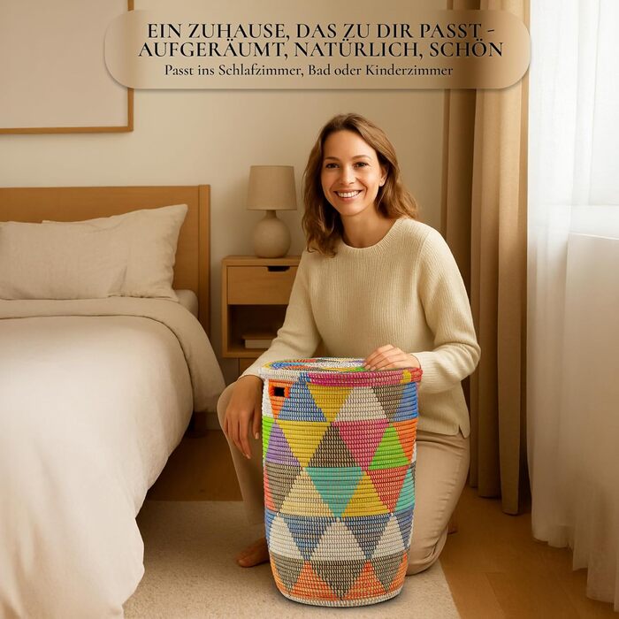 Кошик для білизни YAADU з кришкою XXL – великий контейнер для білизни, африканський кошик з трикутниками