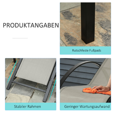 Набір з 3 предметів: 2 шезлонги та 1 приставний столик для саду, металевий каркас, сірий+чорний