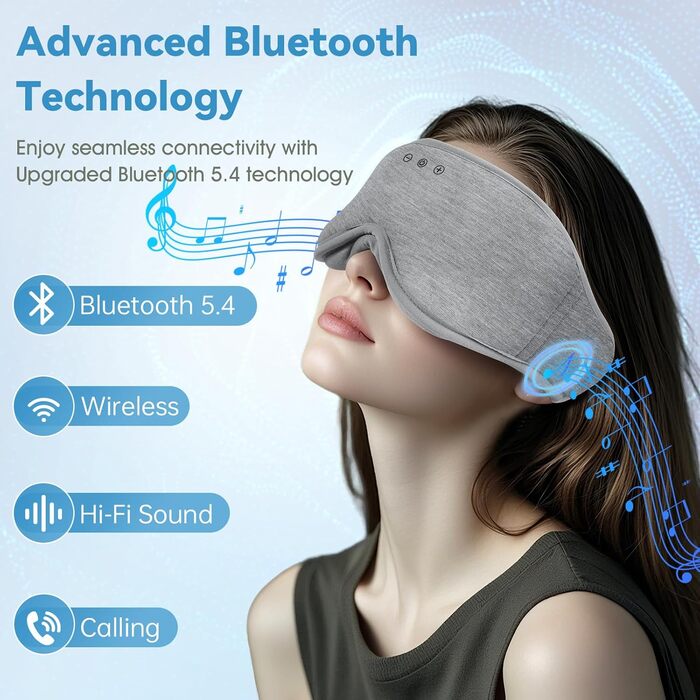Маска для сну MUSICOZY з навушниками | 3D маска для сну з Bluetooth 5.4, м'яка бамбукова тканина, для подорожей та відпочинку (Гайда-сірий)