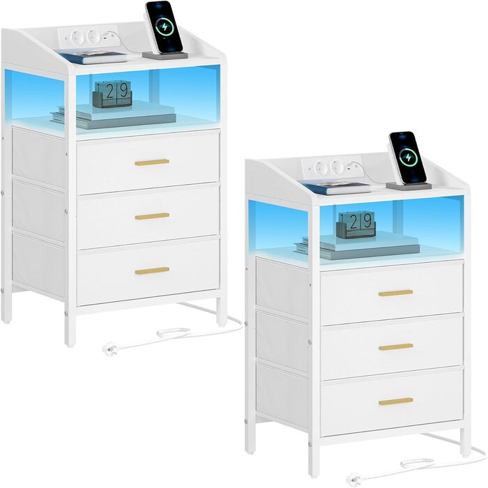 Комплект приліжкових столиків Hzuaneri з LED-підсвіткою, USB та розетками, 3 тканинні шухляди, полиці, для спальні та вітальні, білий NS35513W