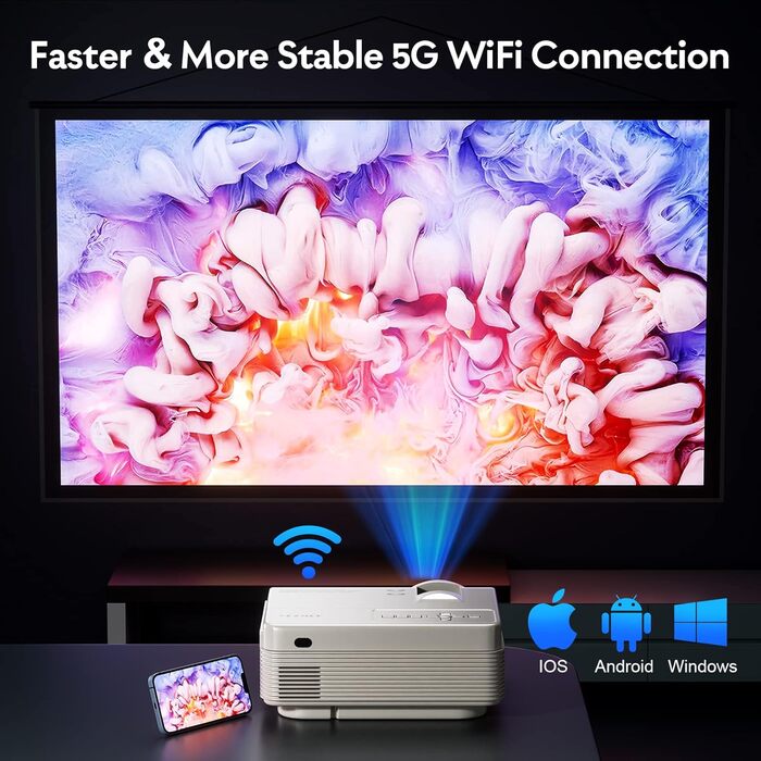 Beamer YEZMEK 5G WiFi Bluetooth: Міні проєктор LED 1080P Full HD з підтримкою 4K, Wi-Fi, Bluetooth, HDMI, USB, TF для дому та кінотеатру