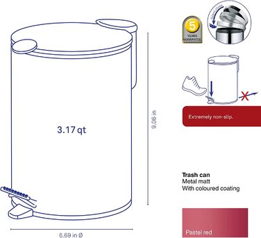 Косметичне відро Kela 23613 об'ємом 3 л, безшумне закривання, металеве, матове, (пастельно-червоне)