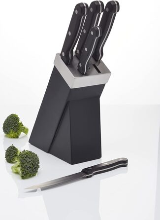 Набір ножів KitchenCraft з підставкою (5 шт.) з нержавіючої сталі, з нержавіючої сталі, з приглушеними ручками, миється в посудомийній машині, срібно-чорний, 15 x 8 x 29,5 см