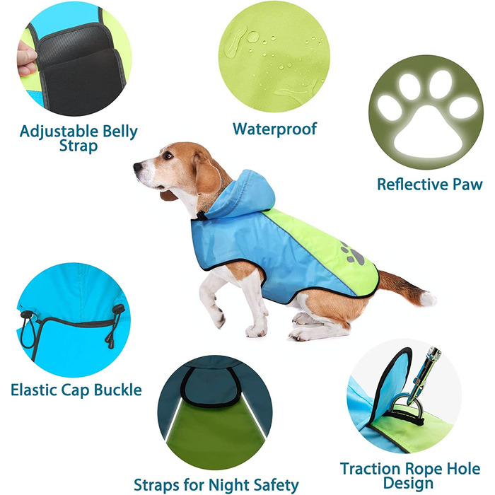 Дощовик iTayga для собак водонепроникний, дощовик для собак з капюшоном і відбивачем, портативний плащ для собак для бігу, ігор,подорожей для маленьких/середніх/великих собак(світло-синьо-зелений, l) L світло-синьо-зелений