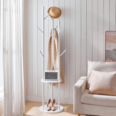 HOOBRO Стійка для одягу, підлого стояння, у вигляді дерева з 8 гачками та 2 круглими полицями, для одягу, капелюхів, сумок, вітальні, спальні, офісу, темно-коричневий/чорний