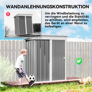 Гараж для саду, садова комора для інструментів з хвильового металу, з панелями стін, регульовані полиці, замикаюче двері, сірий