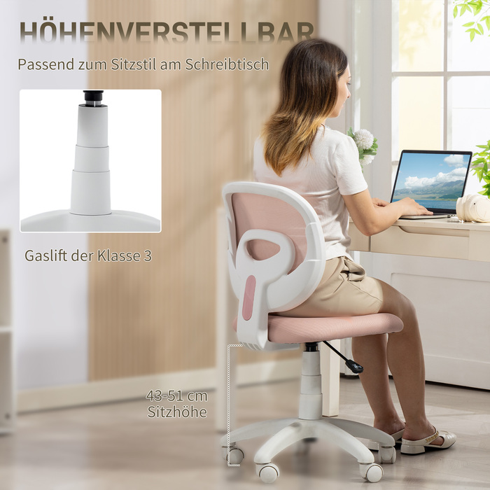 Офісний стілець HOMCOM: ергономічний стілець для роботи з C-подібною підтримкою спини, регульована висота, рожевий