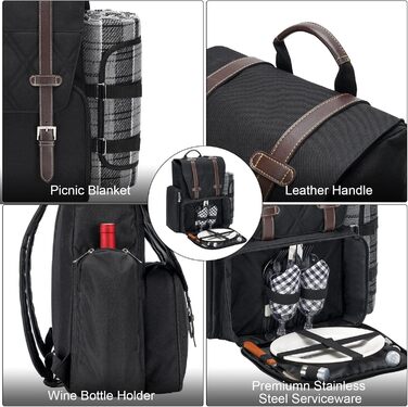 Набір для пікніка на 4 особи з великою ізольованою сумкою-холодильником, набір для пікніка з мішком для вина, водонепроникний плед та набір столових приборів. Ідеально для пляжу, вечірки, подарунок на весілля для пари на 4 особи, чорний