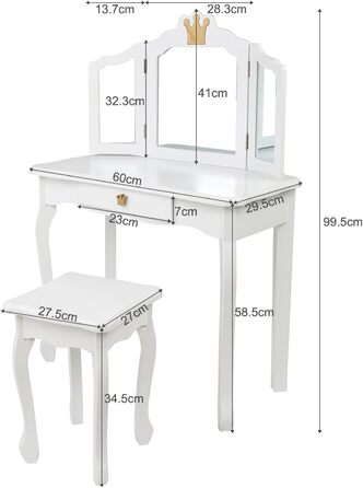 Дитячий туалетний столик LEADZM з пуфом для дівчаток, з двома 180° дзеркалами та ящиком, для дітей 3-9 років (білий & рожевий)