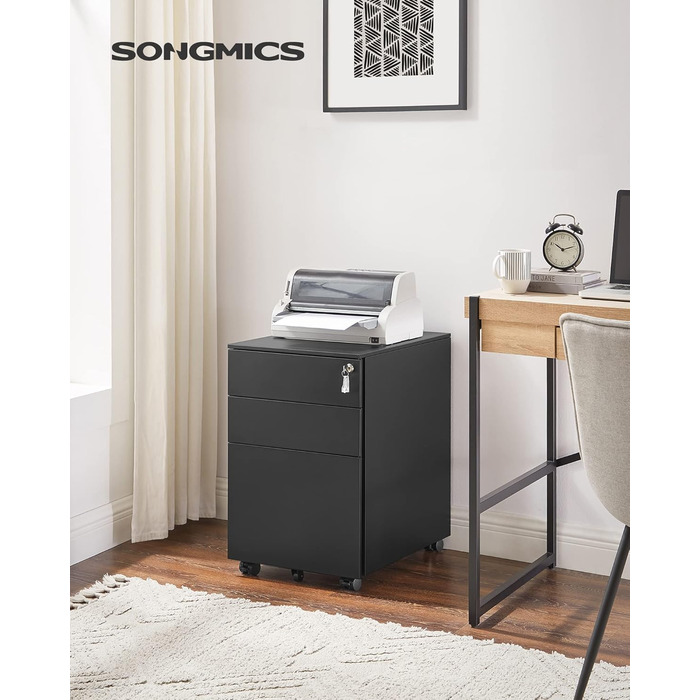 SONGMICS Роликовий контейнер під стіл з 3 шухлядами, збірно, офісний шафчик з можливістю закриття на ключ, з відсіком для документів, для файлів, канцелярії, 45 x 30 x 60 см, білий