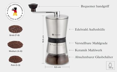 Ручна кавомолка з 8 ступенів помелу – кавомолка з нержавіючої сталі з керамічним жорном для еспресо, фільтра та френч-прес – велика ручна кавомолка для дому та офісу, срібна, кераміка