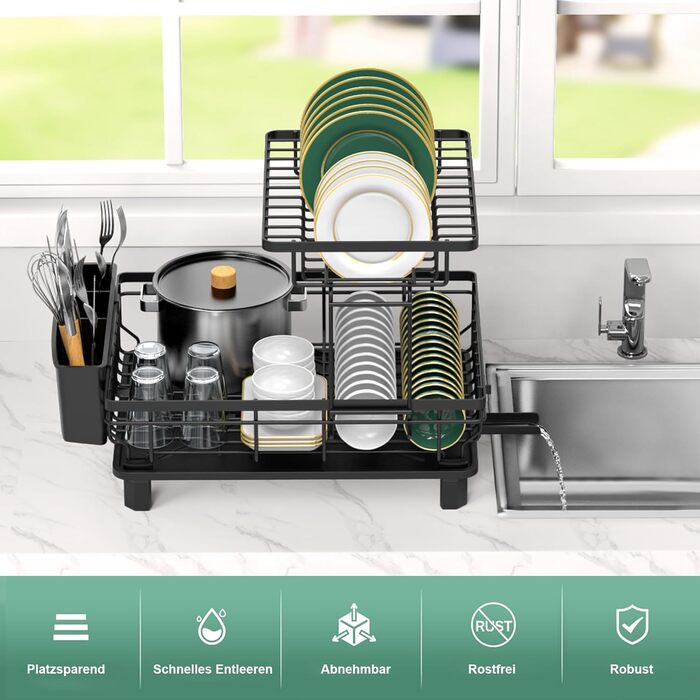 Сушарка для посуду ROTTOGOON розширювана, 2-ярусна, чорна: нержавіюча сталь, з висувним носиком та відділенням для столових приборів