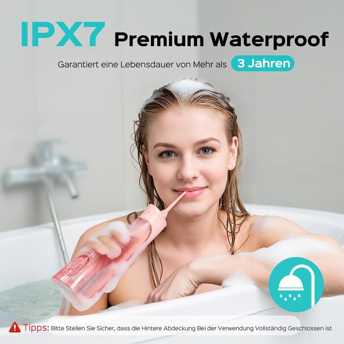 COSLUS Електрична душова насадка бездротова: 20 бар, IPX7, водонепроникна, 4 режими для гігієни порожнини рота, 5 інтенсивностей (Рожева)