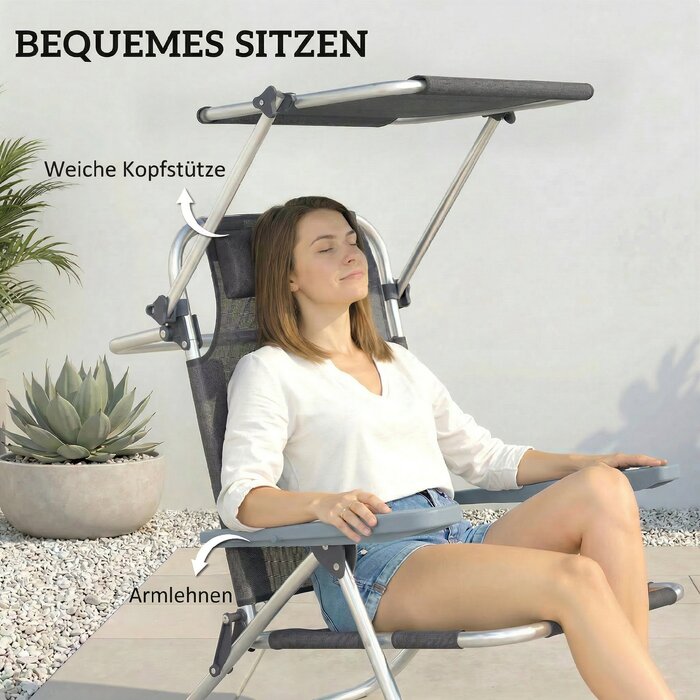 Шезлонг садовий розкладний з подушкою та регульованим дахом, 6 положень спинки, 62 x 68 x 79 см, темно-сірий