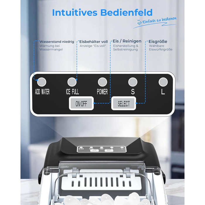 Льодогенератор Klarstein Ice Maker – Швидке виробництво льоду (12 кг/24 год), 2 розміри кубиків, самоочищення, для дому, кухні, офісу, бару – Чорний