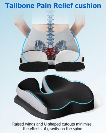 Ортопедична подушка Xespis для сидіння, Memory Foam, для болю в куприку, сідниці, геморої, спини, чорна