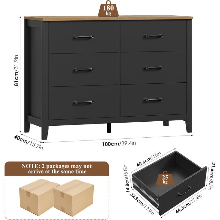 Комод HOCSOK з 6 висувними ящиками, чорний комод з дерев'яною полицею, шафа для зберігання в вітальню, спальню, кімнату для підлітків та коридор, 100x40x81 см